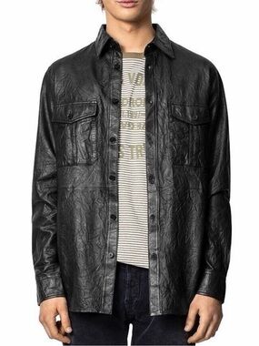 Zadig & Voltaire Tashkah Black Crinkled Leather Button Down Shirt / Jacket size